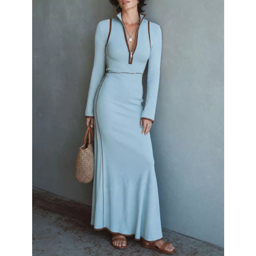 Full Size Contrast Trim Zip-Up Long Sleeve Knit Maxi Dress Plus Sky Blue / S Apparel and Accessories