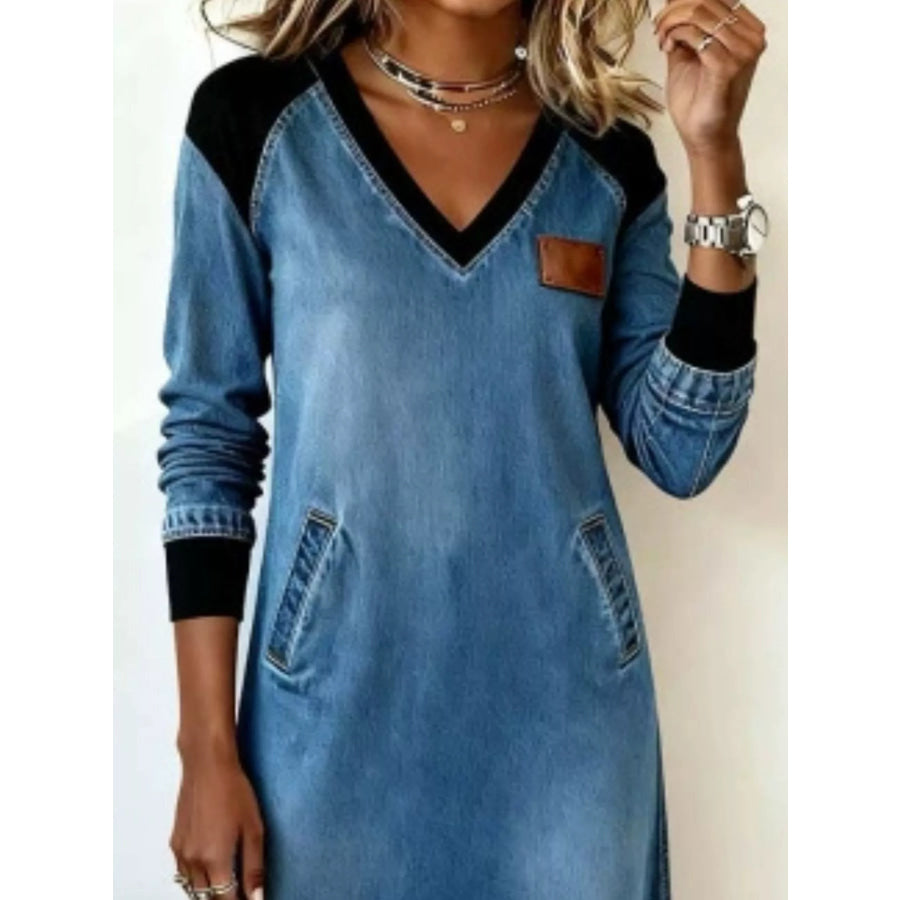 Full Size Contrast V-Neck Midi Dress Plus Size Multicolor / S Apparel and Accessories