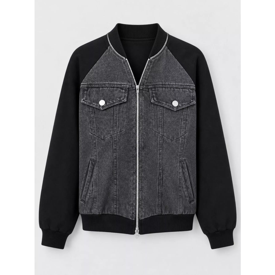 Full Size Contrast Zip-Up Front Denim Jacket Plus Apparel and Accessories