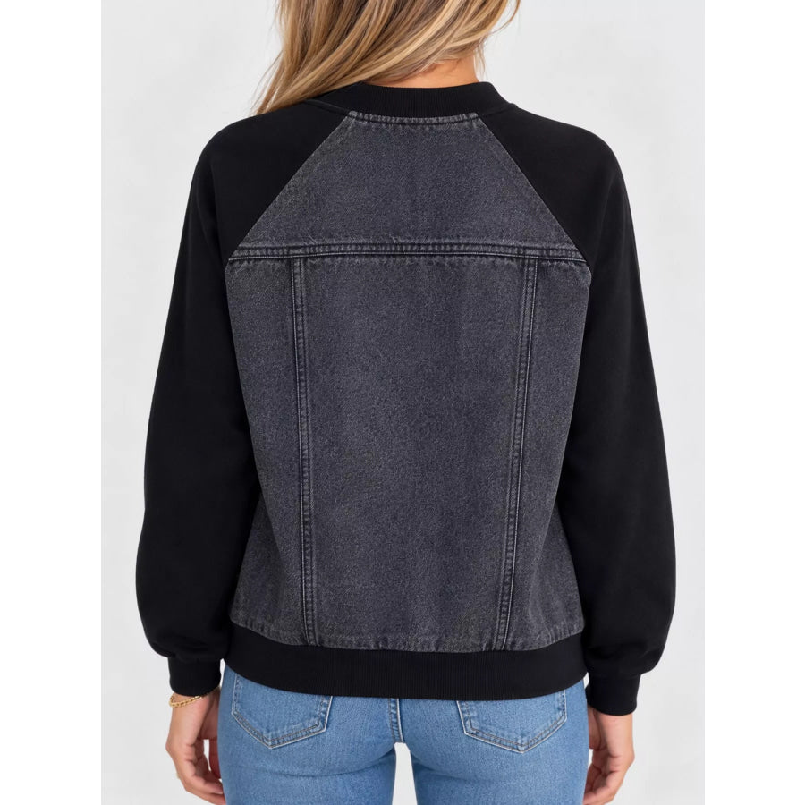Full Size Contrast Zip-Up Front Denim Jacket Plus Apparel and Accessories