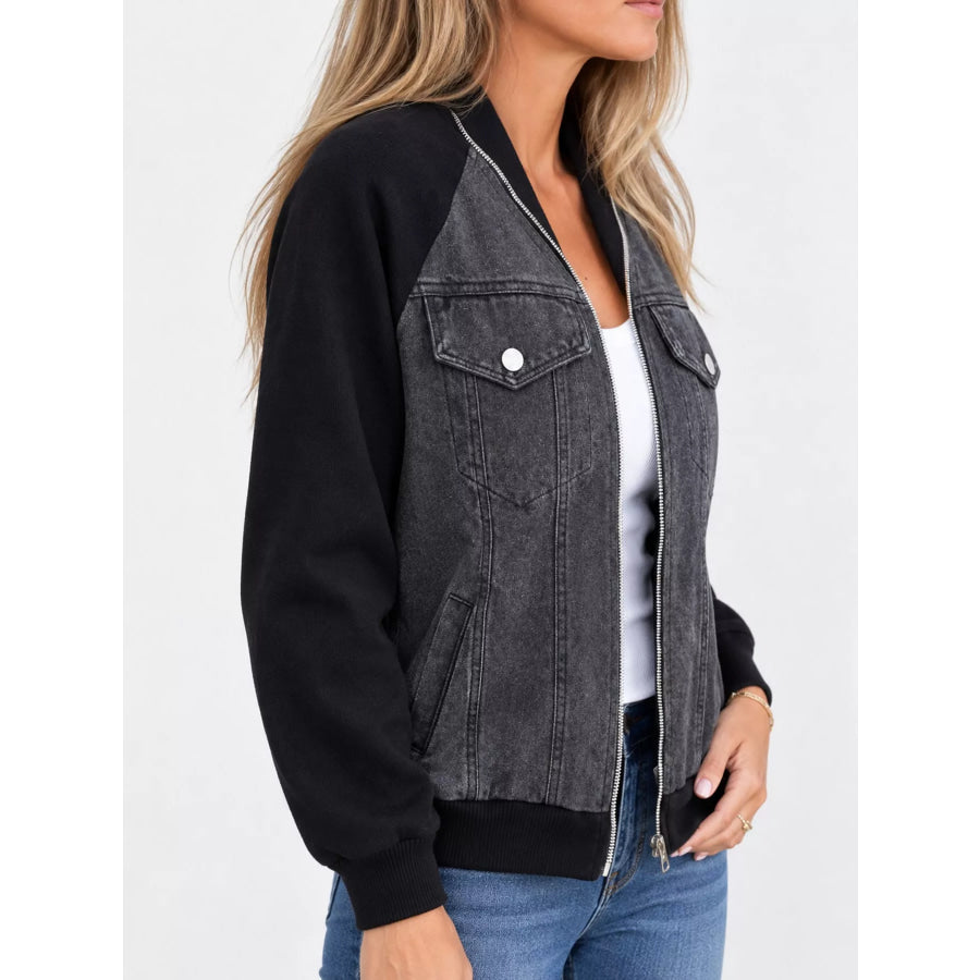 Full Size Contrast Zip-Up Front Denim Jacket Plus Apparel and Accessories