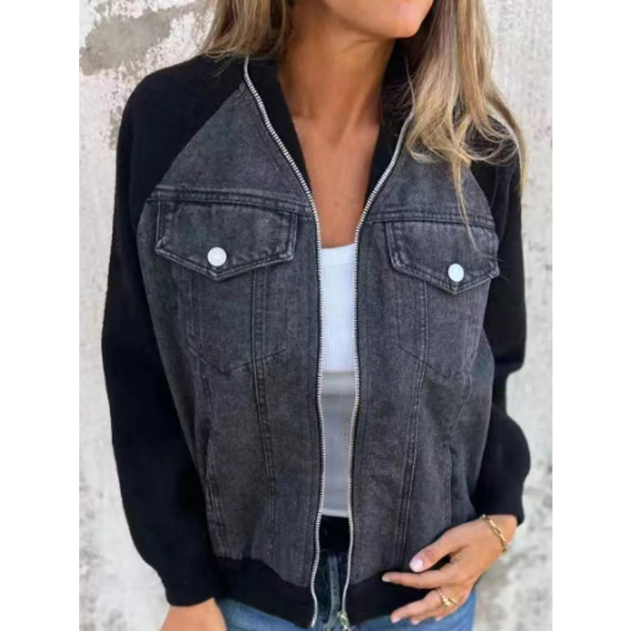 Full Size Contrast Zip-Up Front Denim Jacket Plus Black And / S Apparel Accessories