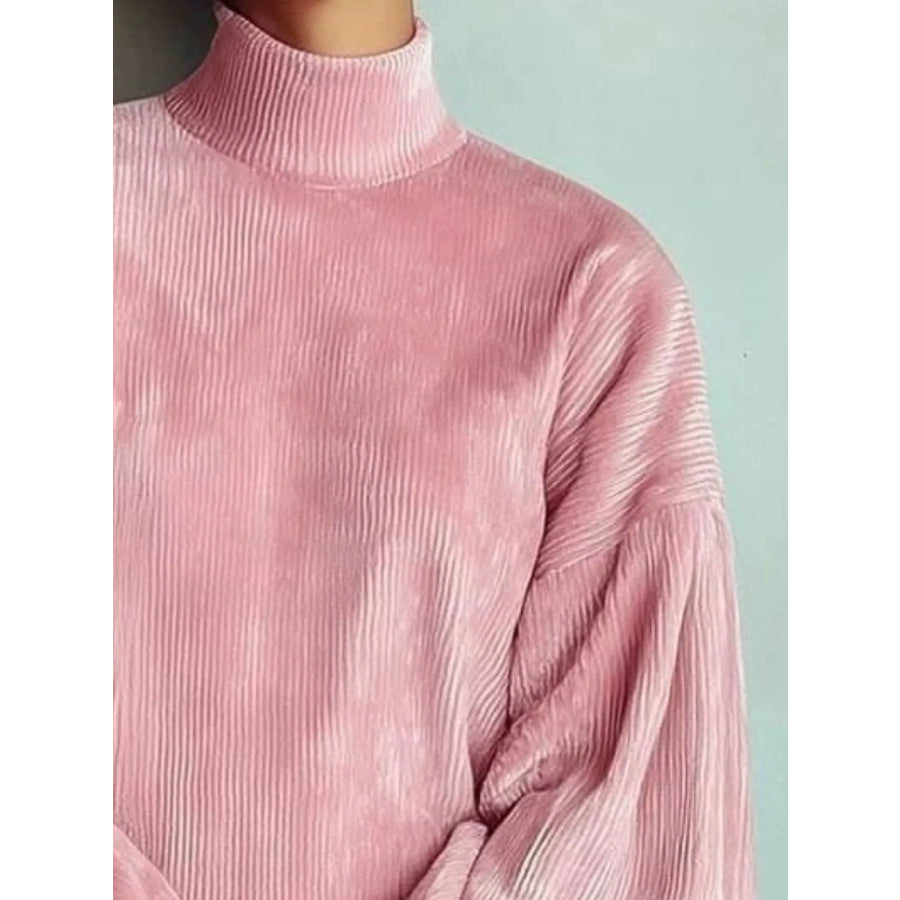Full Size Corduroy Mock Neck Lantern Sleeve Mini Dress Plus Pink / S Apparel and Accessories
