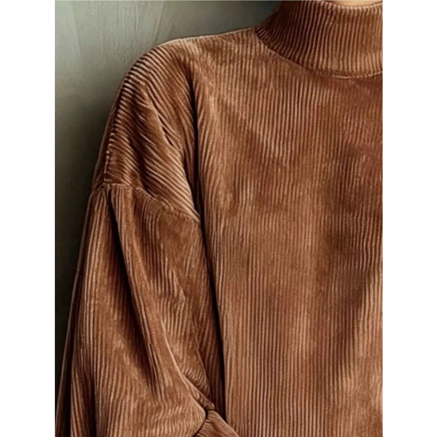 Full Size Corduroy Mock Neck Lantern Sleeve Mini Dress Plus Apparel and Accessories