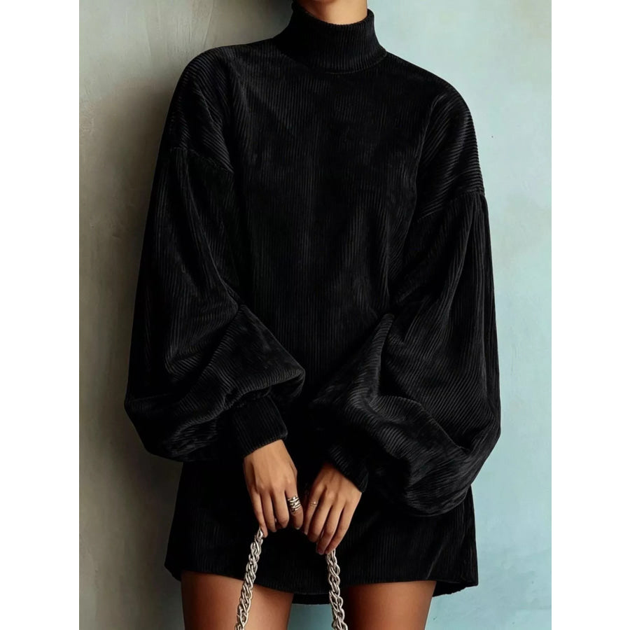 Full Size Corduroy Mock Neck Lantern Sleeve Mini Dress Plus Black / S Apparel and Accessories