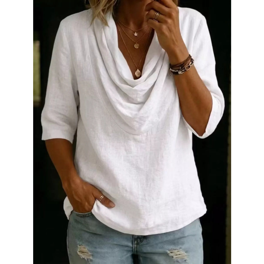 Full Size Cowl Neck 3/4 Sleeve Top Plus White / XS Apparel and Accessories