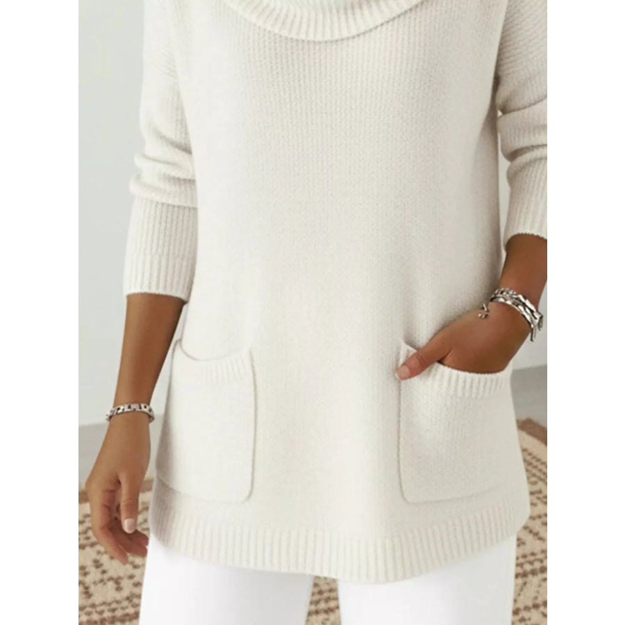 Full Size Cowl Neck Long Sleeve Sweater with Pockes Plus Size Apparel and Accessories