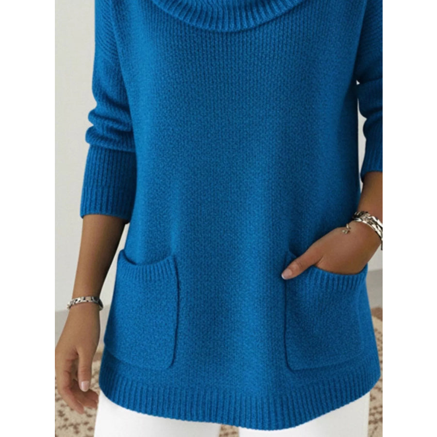 Full Size Cowl Neck Long Sleeve Sweater with Pockes Plus Size Apparel and Accessories
