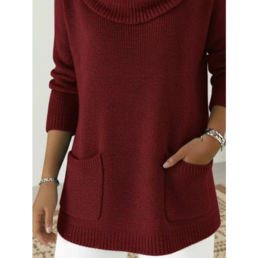 Full Size Cowl Neck Long Sleeve Sweater with Pockes Plus Size Apparel and Accessories