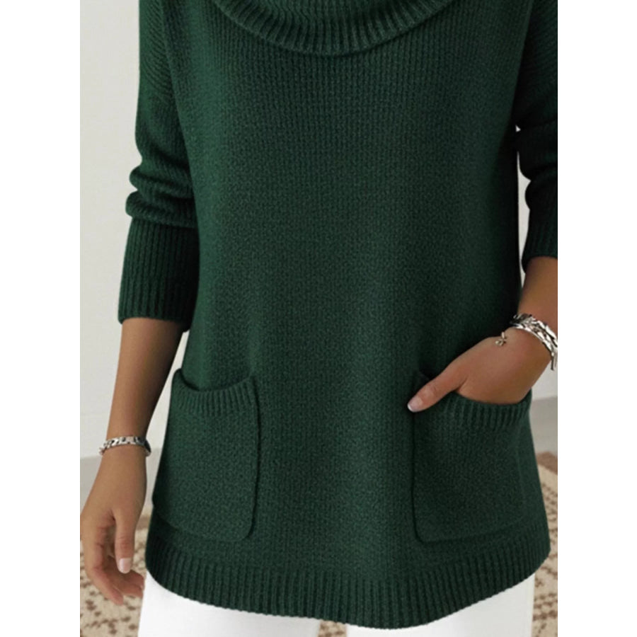 Full Size Cowl Neck Long Sleeve Sweater with Pockes Plus Size Apparel and Accessories