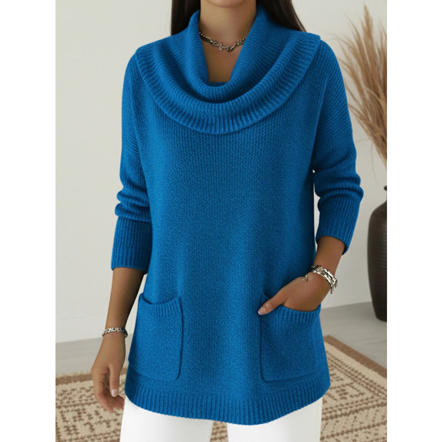 Full Size Cowl Neck Long Sleeve Sweater with Pockes Plus Size Blue / S Apparel and Accessories