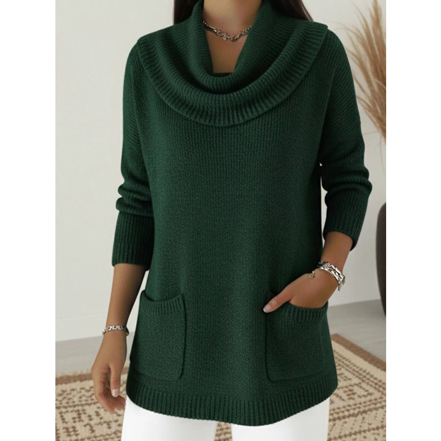 Full Size Cowl Neck Long Sleeve Sweater with Pockes Plus Size Green / S Apparel and Accessories