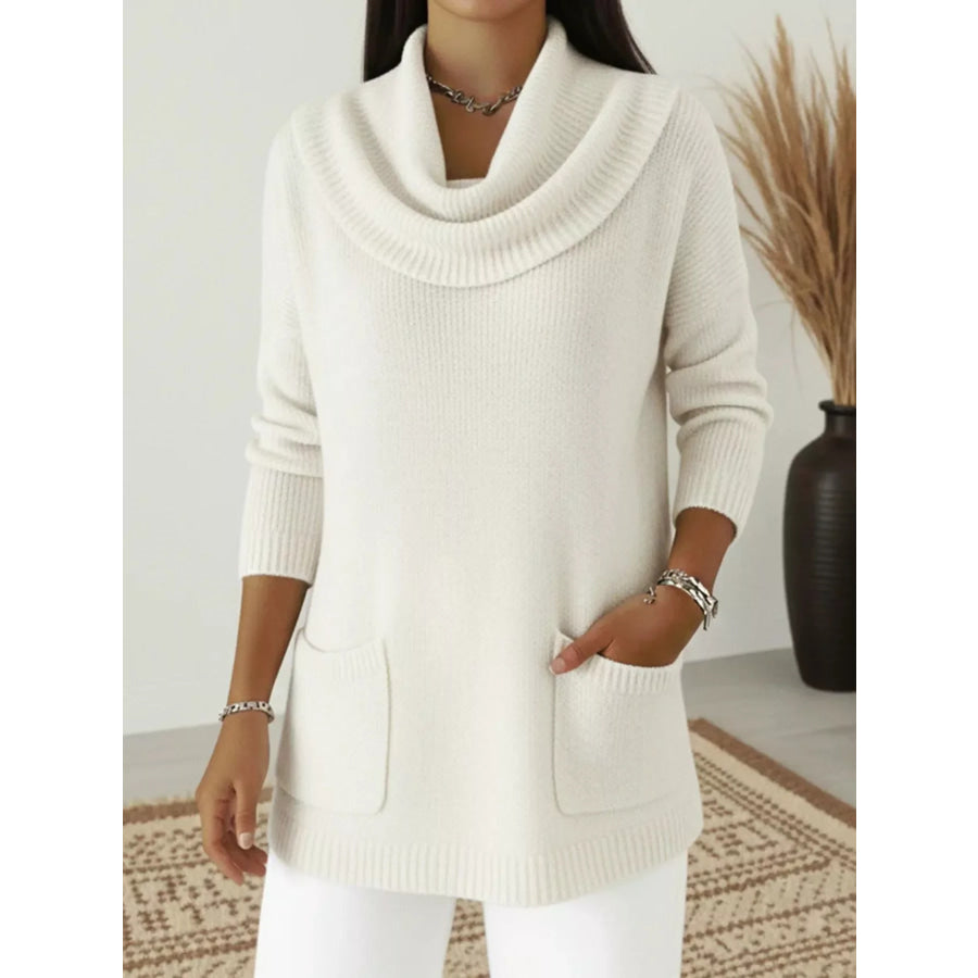 Full Size Cowl Neck Long Sleeve Sweater with Pockes Plus Size White / S Apparel and Accessories
