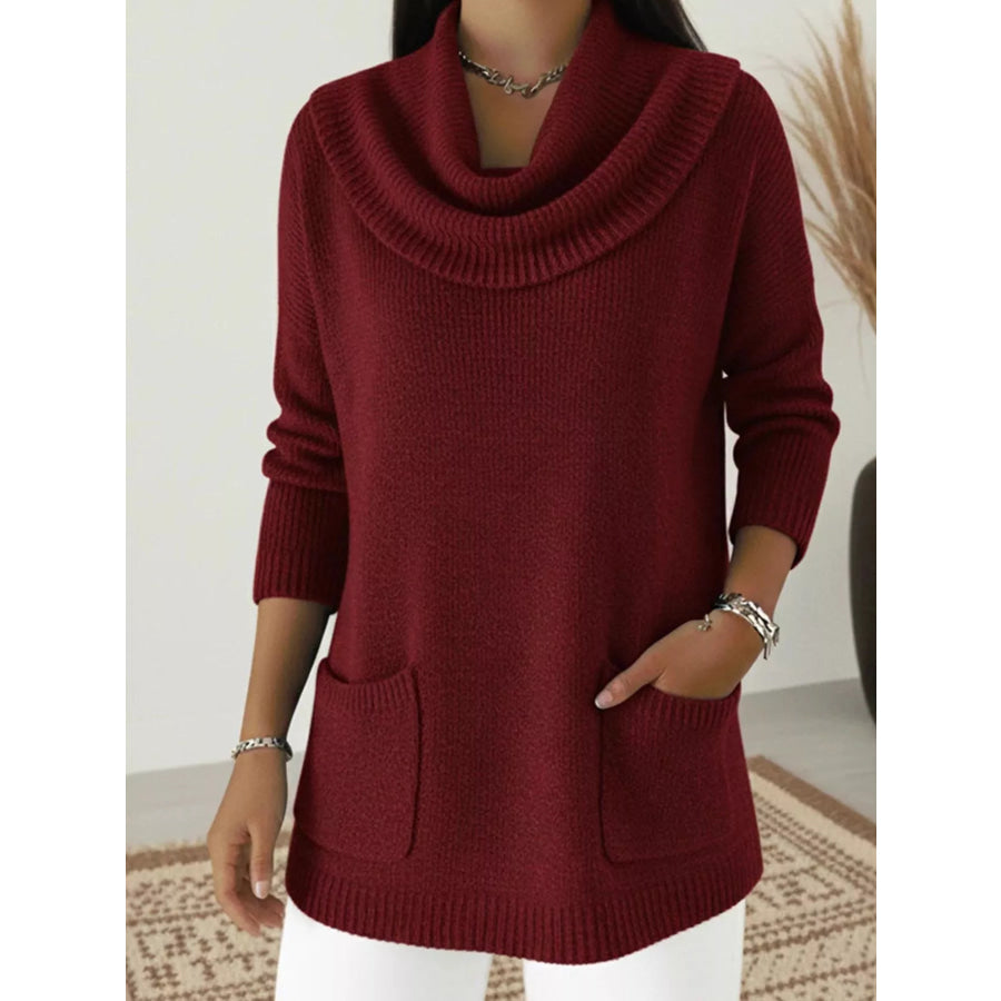 Full Size Cowl Neck Long Sleeve Sweater with Pockes Plus Size Wine Red / S Apparel and Accessories