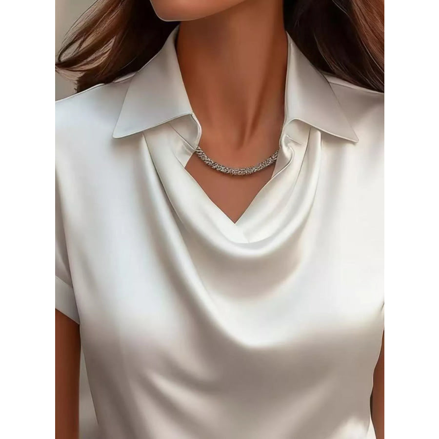 Full Size Cowl Neck Short Sleeve Satin Blouse Plus Size Apparel and Accessories