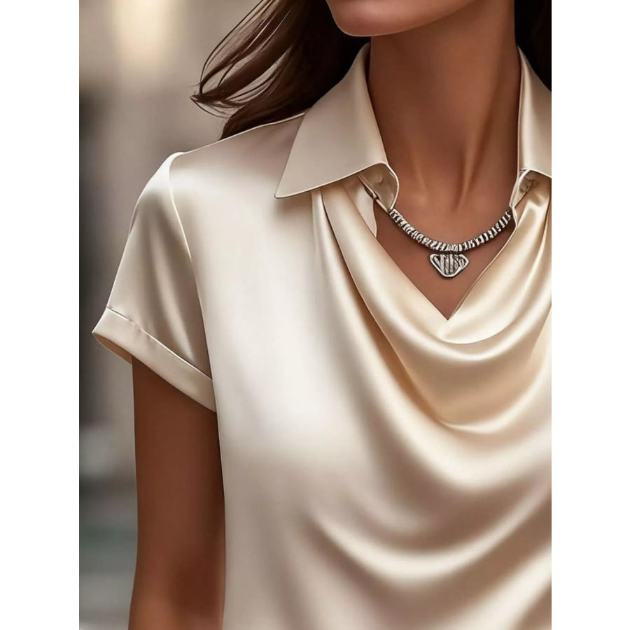 Full Size Cowl Neck Short Sleeve Satin Blouse Plus Size Apparel and Accessories