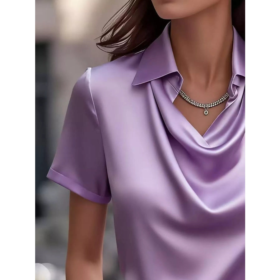 Full Size Cowl Neck Short Sleeve Satin Blouse Plus Size Apparel and Accessories