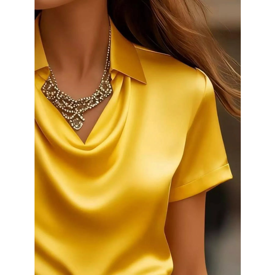 Full Size Cowl Neck Short Sleeve Satin Blouse Plus Size Apparel and Accessories
