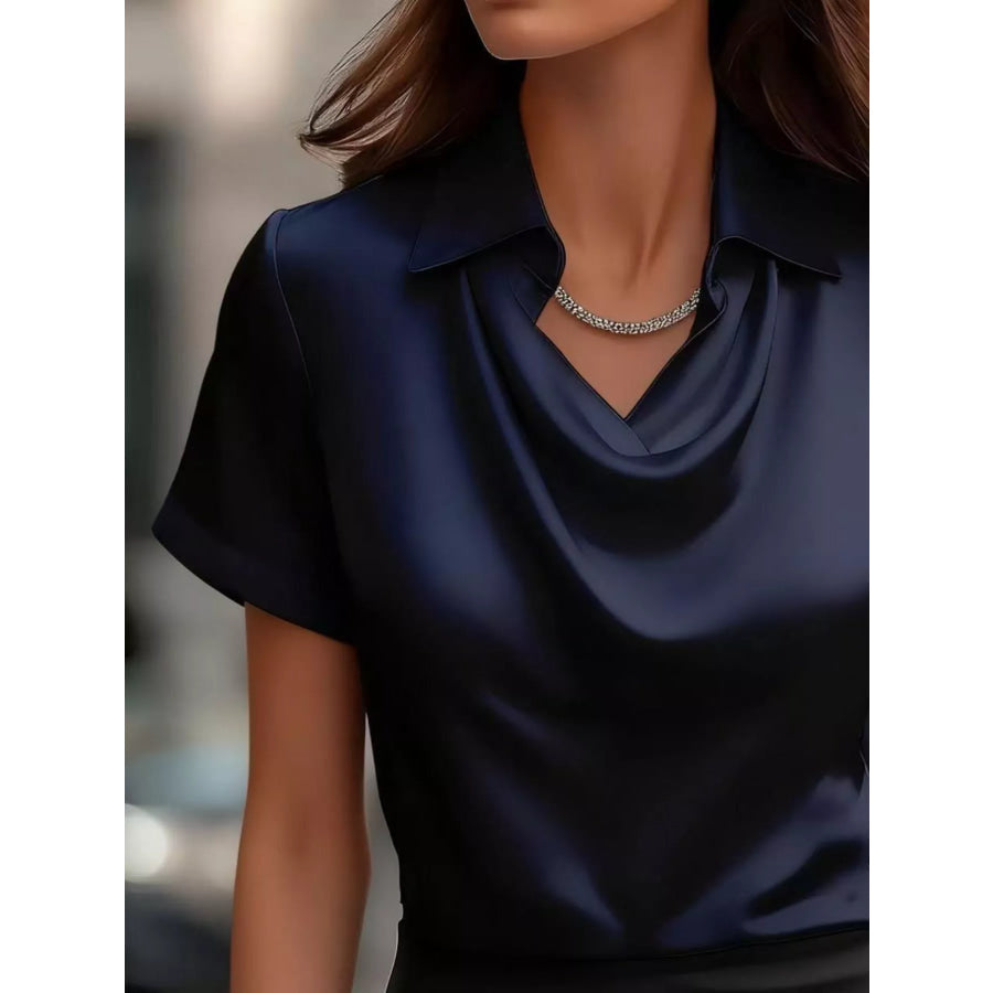 Full Size Cowl Neck Short Sleeve Satin Blouse Plus Size Apparel and Accessories