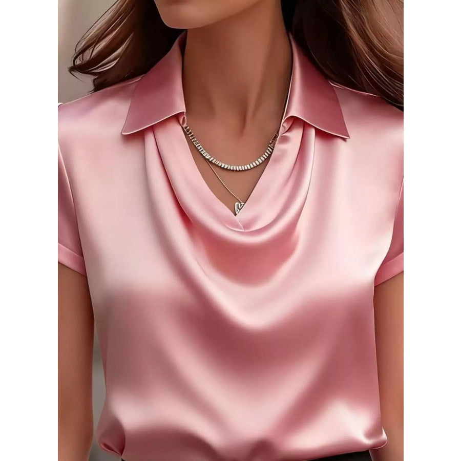 Full Size Cowl Neck Short Sleeve Satin Blouse Plus Size Apparel and Accessories