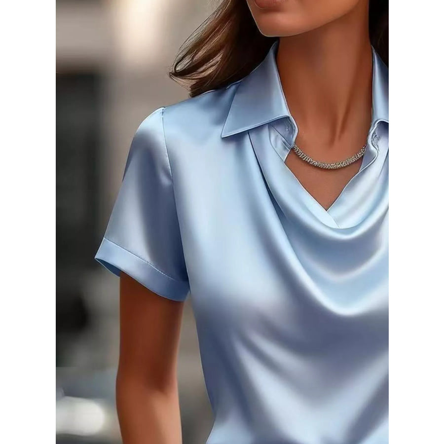 Full Size Cowl Neck Short Sleeve Satin Blouse Plus Size Apparel and Accessories