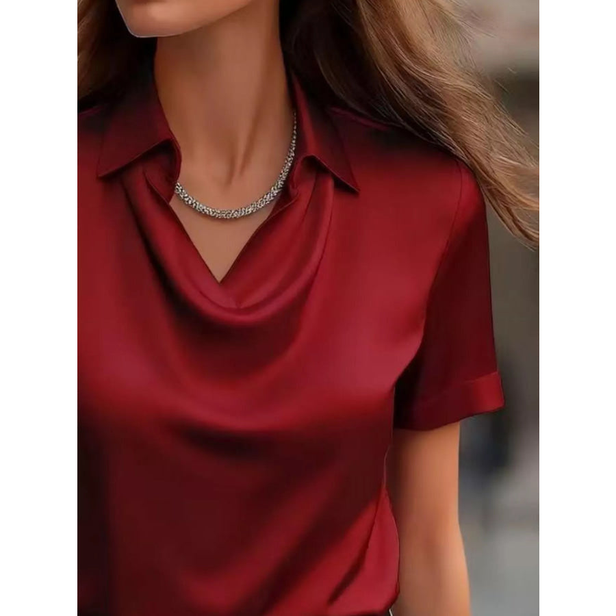 Full Size Cowl Neck Short Sleeve Satin Blouse Plus Size Apparel and Accessories