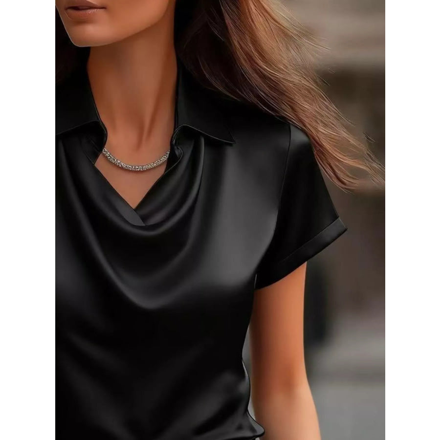 Full Size Cowl Neck Short Sleeve Satin Blouse Plus Size Apparel and Accessories