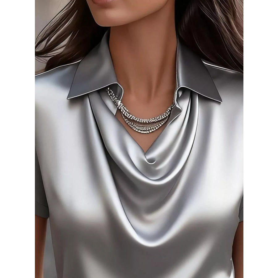 Full Size Cowl Neck Short Sleeve Satin Blouse Plus Size Apparel and Accessories