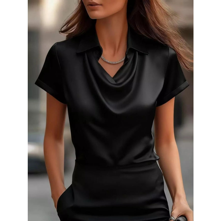 Full Size Cowl Neck Short Sleeve Satin Blouse Plus Size Black / S Apparel and Accessories