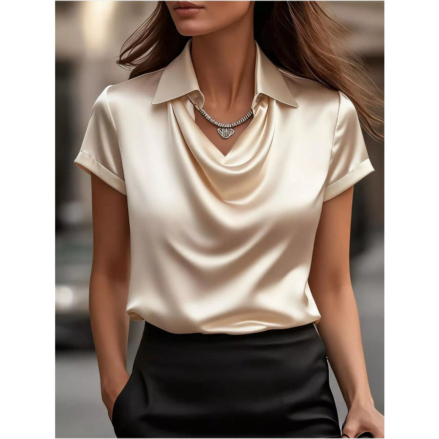 Full Size Cowl Neck Short Sleeve Satin Blouse Plus Size Champagne Color / S Apparel and Accessories