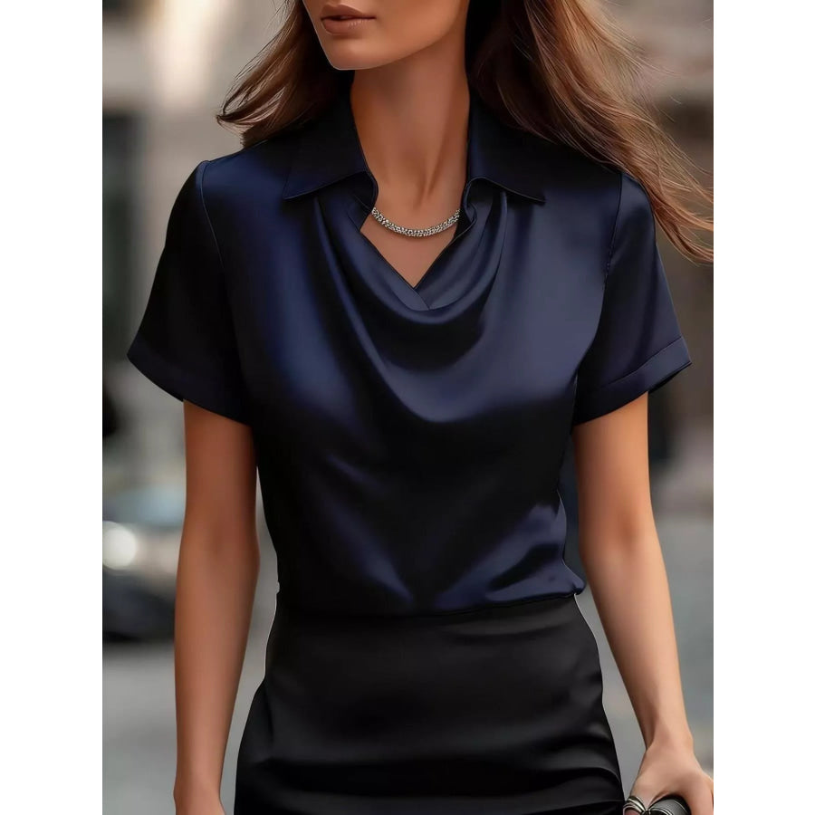 Full Size Cowl Neck Short Sleeve Satin Blouse Plus Size Dark Blue / S Apparel and Accessories