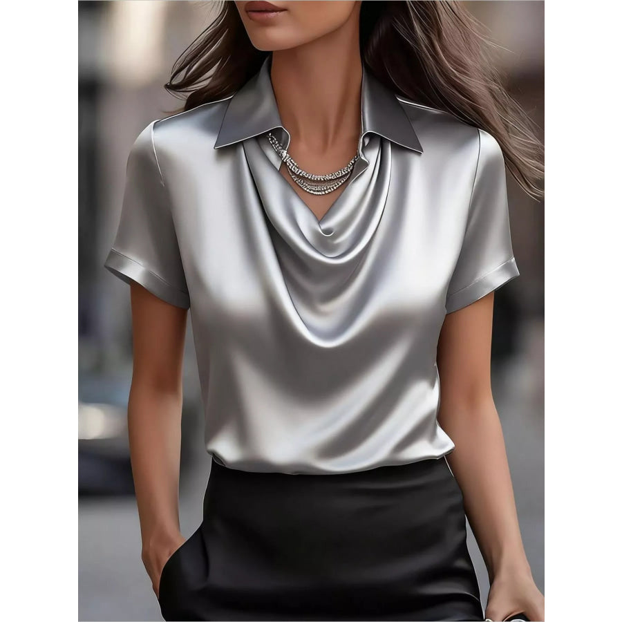 Full Size Cowl Neck Short Sleeve Satin Blouse Plus Size Gray / S Apparel and Accessories