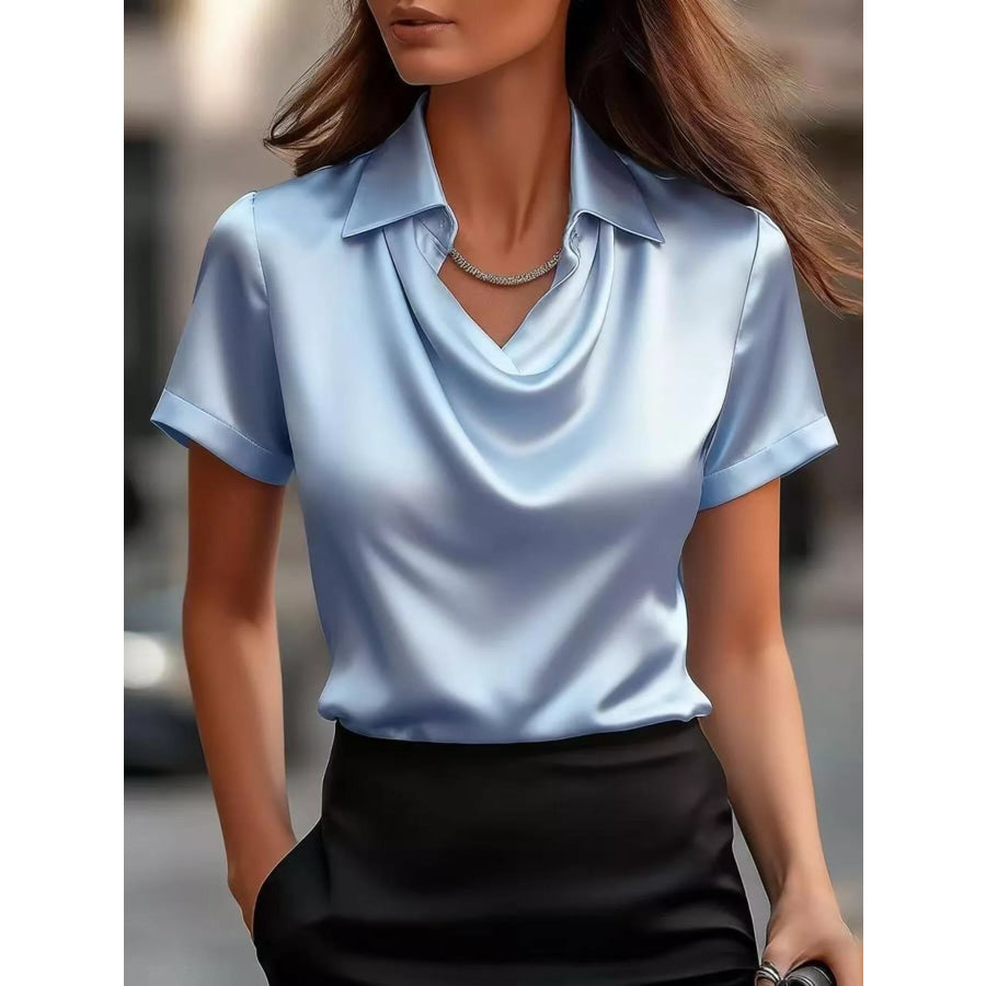 Full Size Cowl Neck Short Sleeve Satin Blouse Plus Size Light Blue / S Apparel and Accessories
