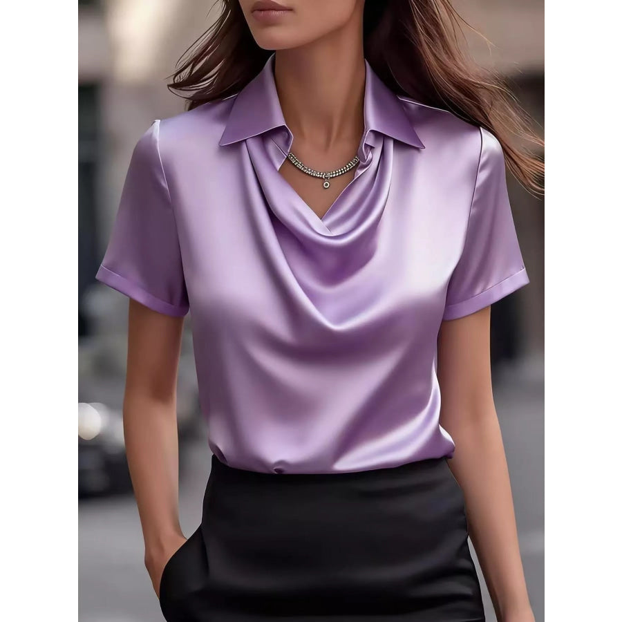 Full Size Cowl Neck Short Sleeve Satin Blouse Plus Size Purple / S Apparel and Accessories
