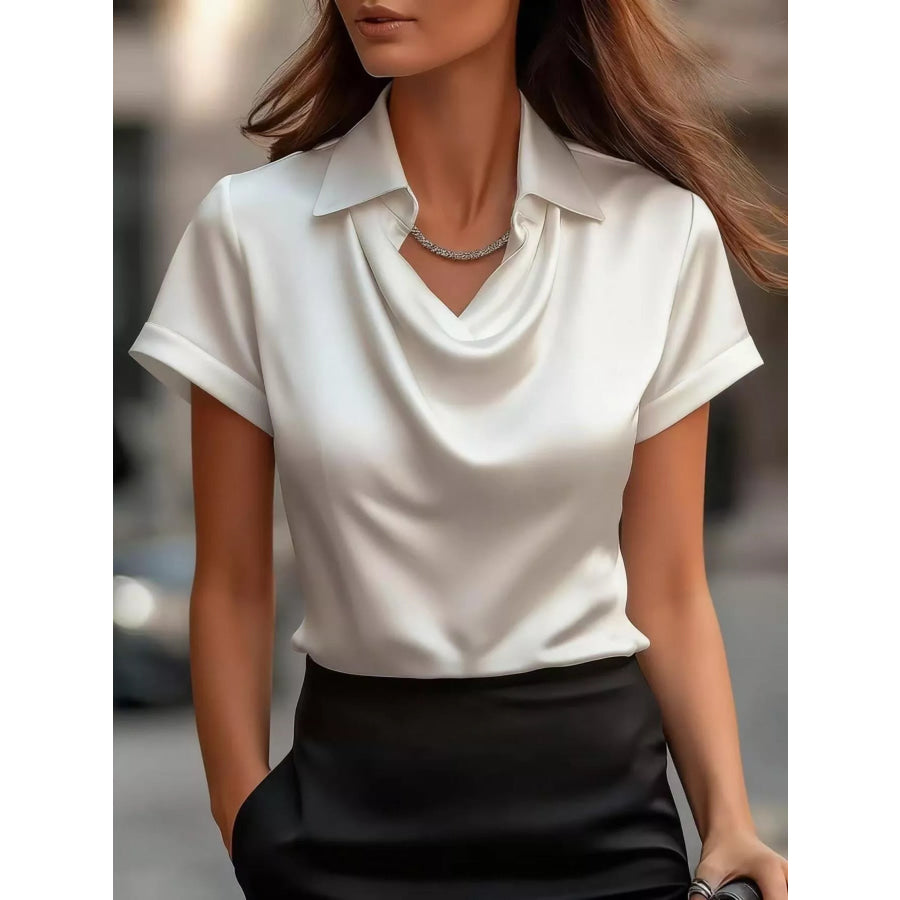 Full Size Cowl Neck Short Sleeve Satin Blouse Plus Size White / S Apparel and Accessories