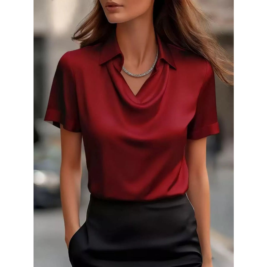 Full Size Cowl Neck Short Sleeve Satin Blouse Plus Size Wine Red / S Apparel and Accessories