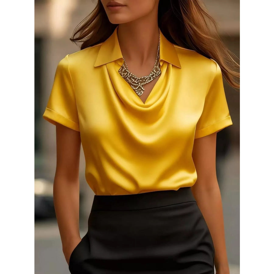 Full Size Cowl Neck Short Sleeve Satin Blouse Plus Size Yellow / S Apparel and Accessories