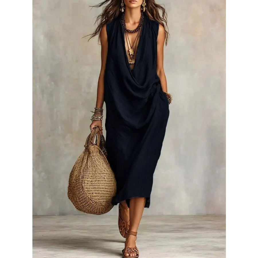 Full Size Cowl Neck Sleeveless Midi Dress Plus Size Black / S Apparel and Accessories