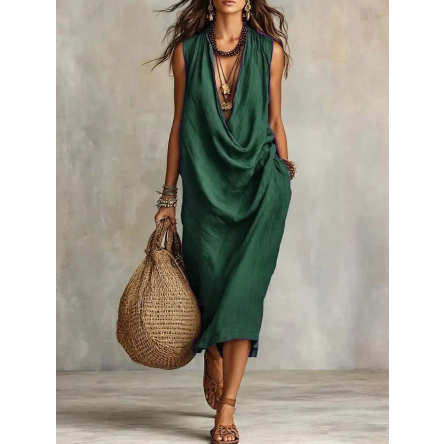Full Size Cowl Neck Sleeveless Midi Dress Plus Size Green / S Apparel and Accessories