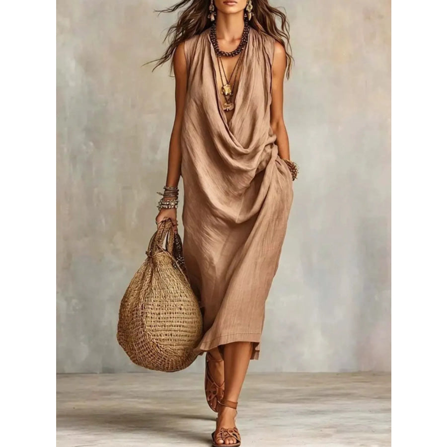 Full Size Cowl Neck Sleeveless Midi Dress Plus Size Khaki / S Apparel and Accessories