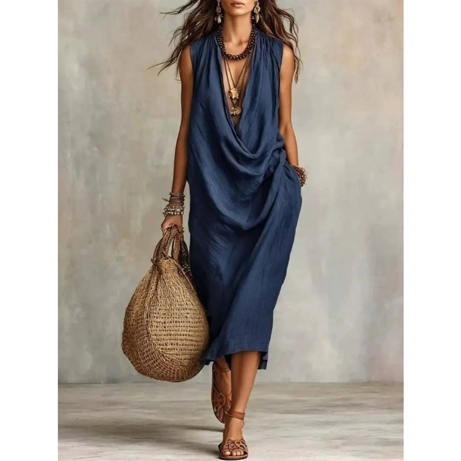 Full Size Cowl Neck Sleeveless Midi Dress Plus Size Navy / S Apparel and Accessories