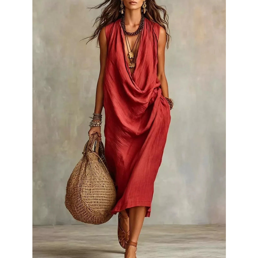 Full Size Cowl Neck Sleeveless Midi Dress Plus Size Red / S Apparel and Accessories