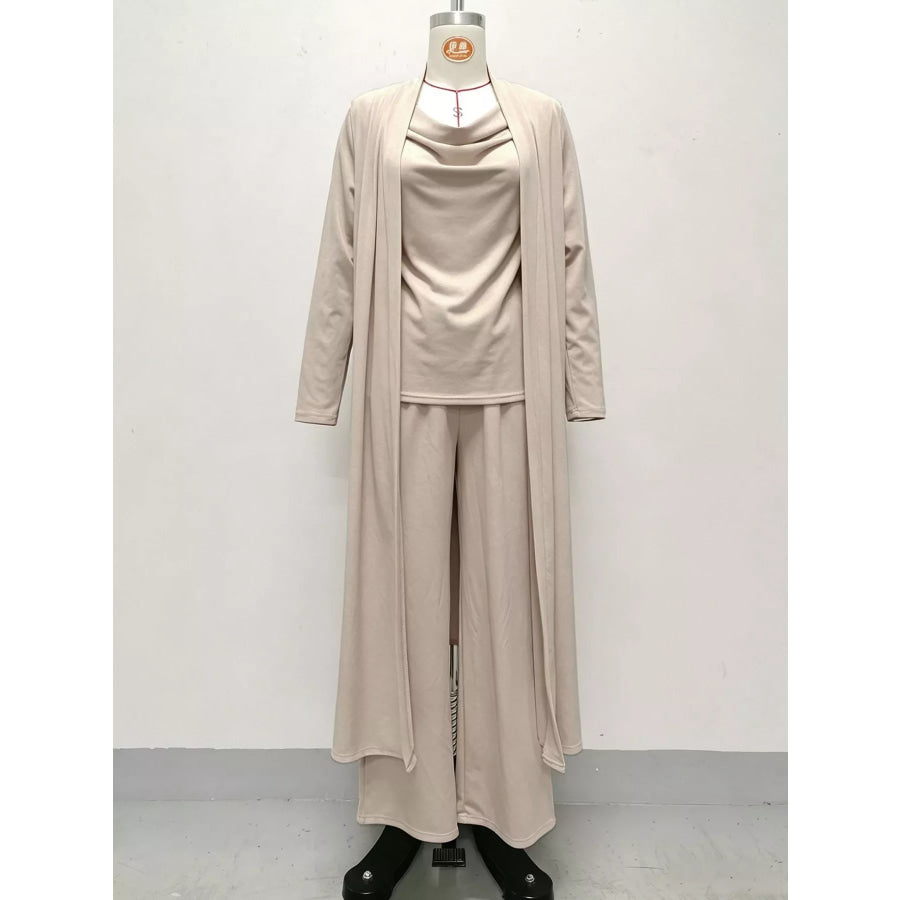 Full Size Cowl Neck Top & Cardigan and Pants Set Plus Apparel Accessories
