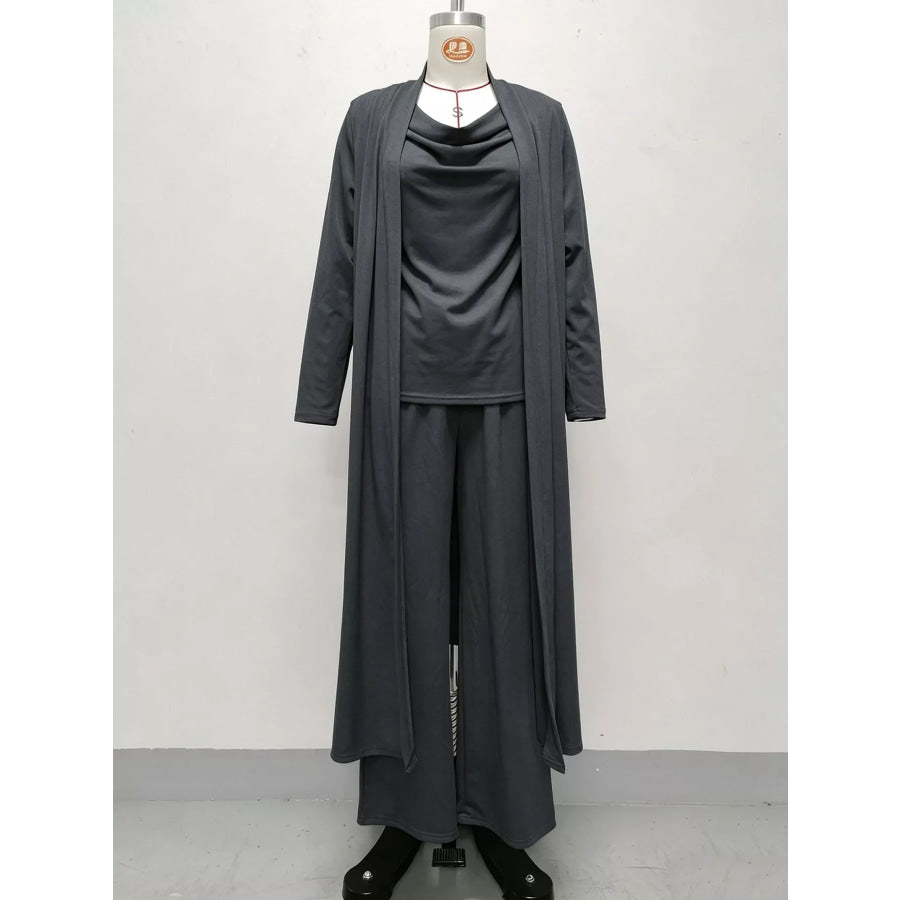 Full Size Cowl Neck Top & Cardigan and Pants Set Plus Apparel Accessories