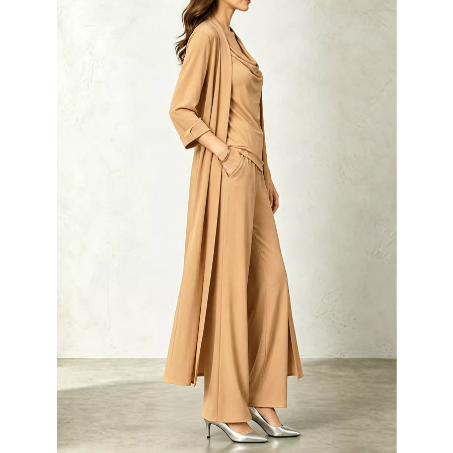 Full Size Cowl Neck Top & Cardigan and Pants Set Plus Apparel Accessories