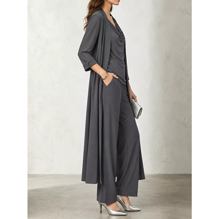 Full Size Cowl Neck Top & Cardigan and Pants Set Plus Apparel Accessories