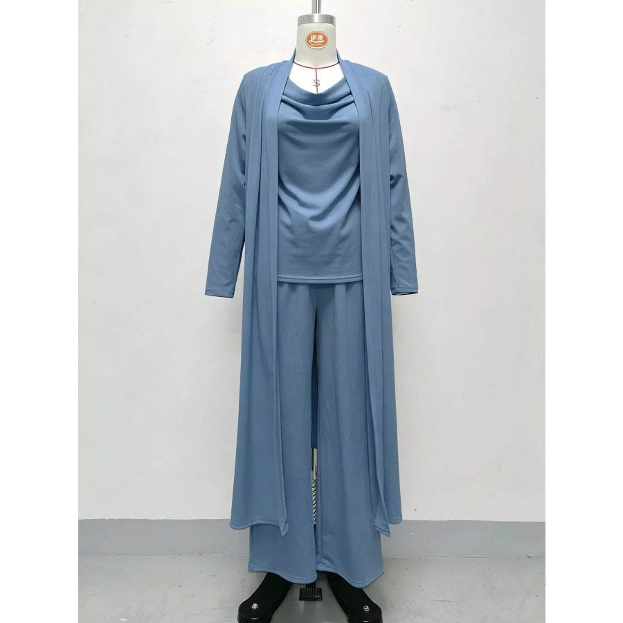Full Size Cowl Neck Top & Cardigan and Pants Set Plus Apparel Accessories