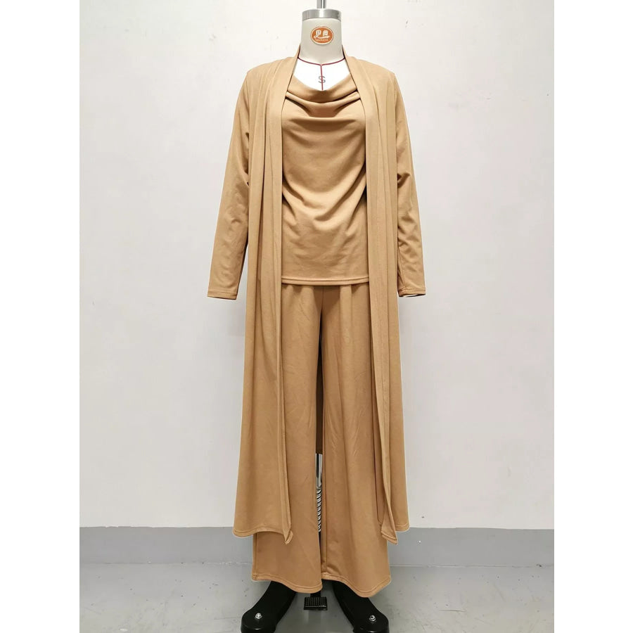 Full Size Cowl Neck Top & Cardigan and Pants Set Plus Apparel Accessories