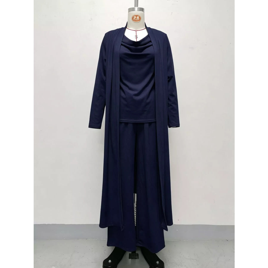 Full Size Cowl Neck Top & Cardigan and Pants Set Plus Apparel Accessories