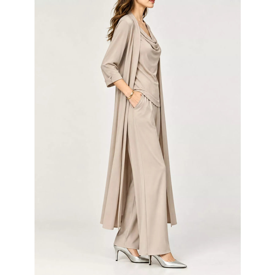 Full Size Cowl Neck Top & Cardigan and Pants Set Plus Apparel Accessories